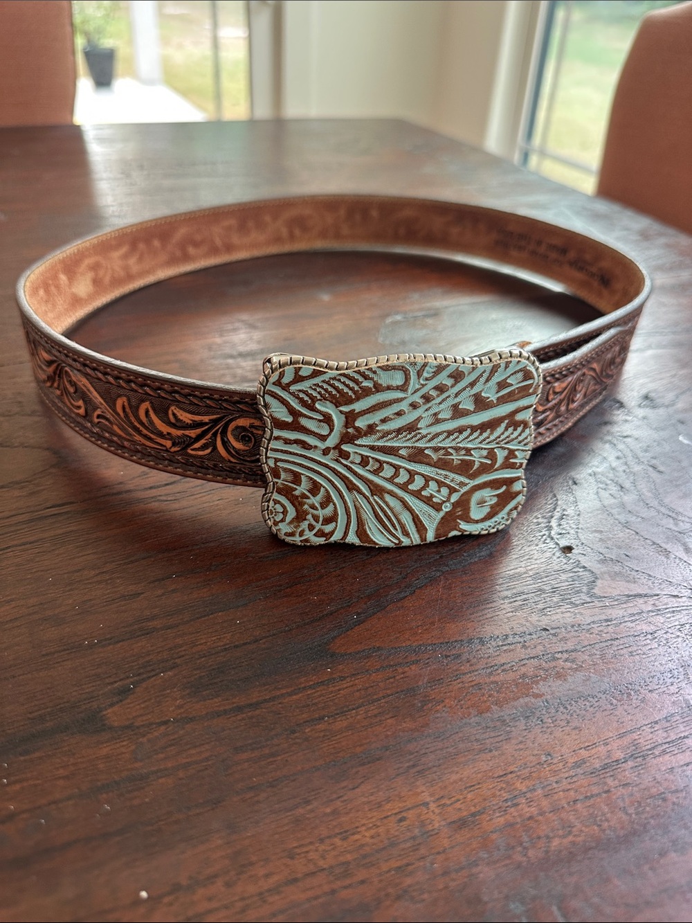 Nacona Women's Top Grain Leather Belt with Turquoise Accented wallet Buckle.